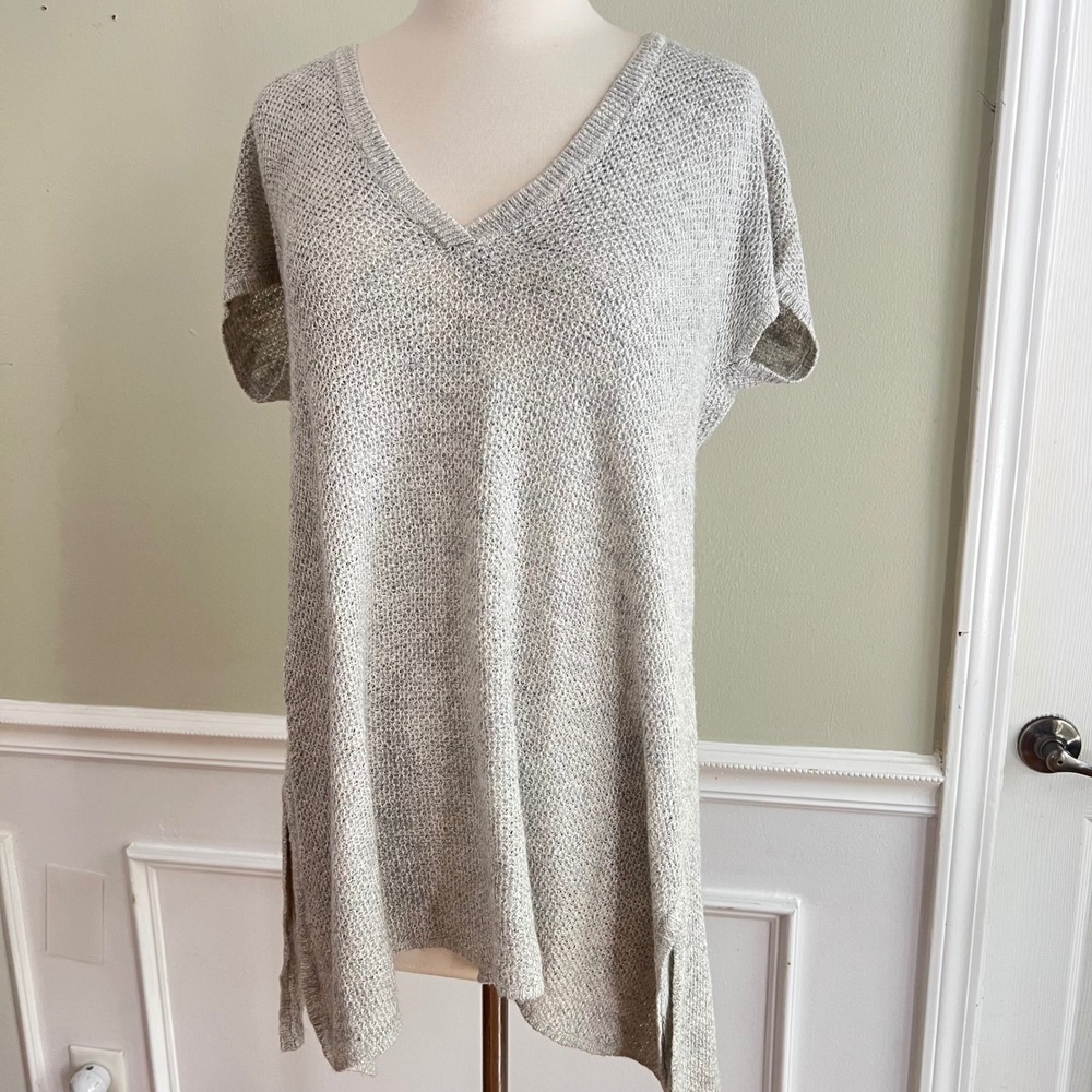 Eileen Fisher Tunic Sweater Womens M Linen Blend V-Neck Short Sleeve Gray Boho - Picture 2 of 13